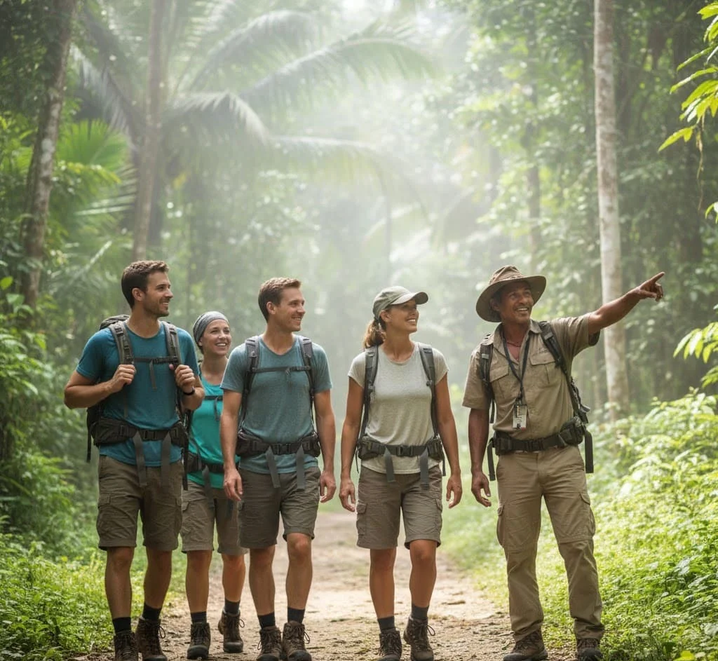Group of travelers walking together on a guided tour