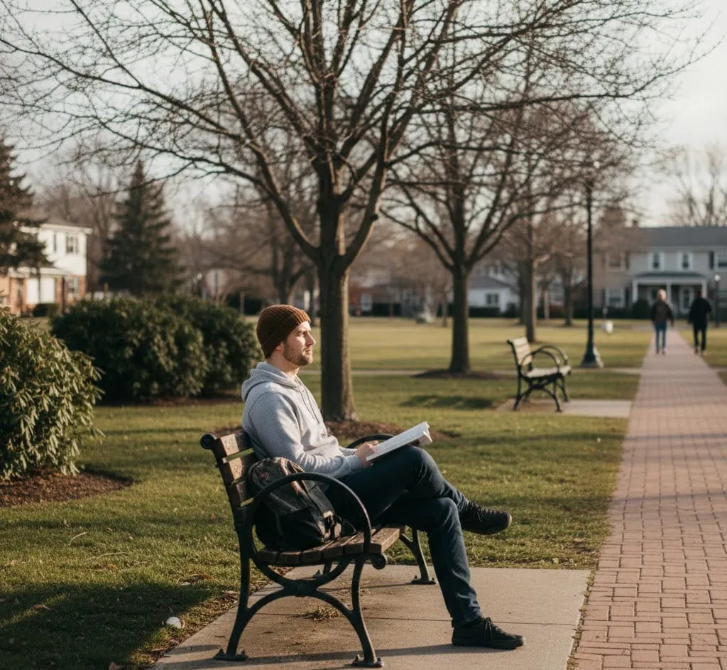Person sitting alone on a park bench during solo travel