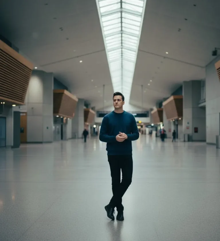 Person standing alone during a solo trip in a quiet public space