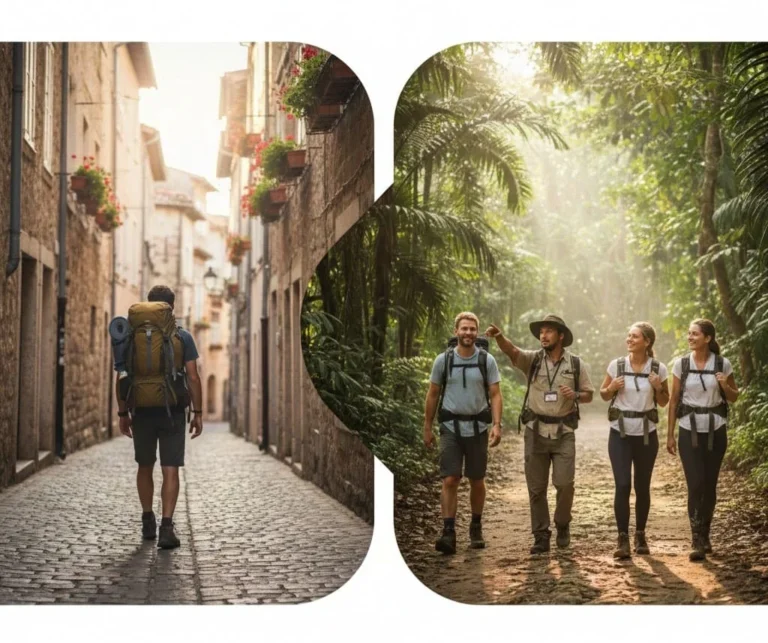 Solo Travel vs Group Travel: Which One Fits You Better? Solo traveler and group travelers exploring a destination