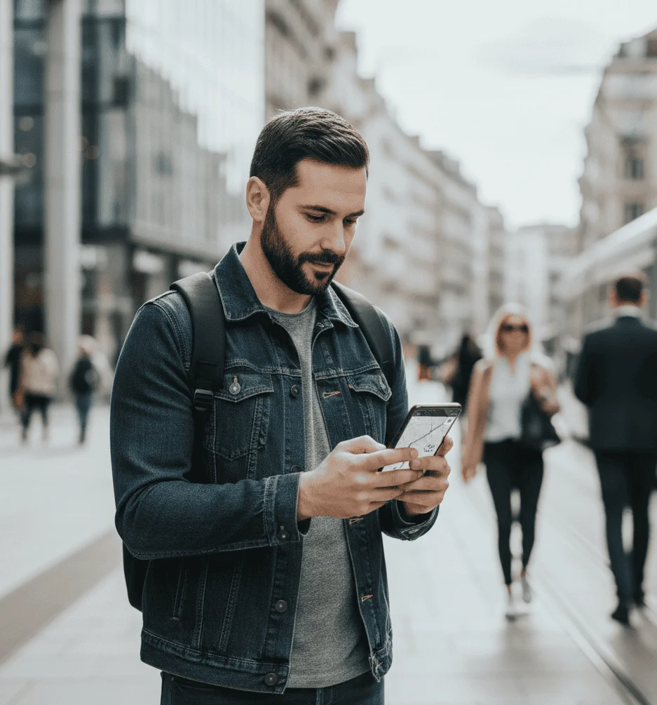 Solo traveler checking directions on phone while traveling alone