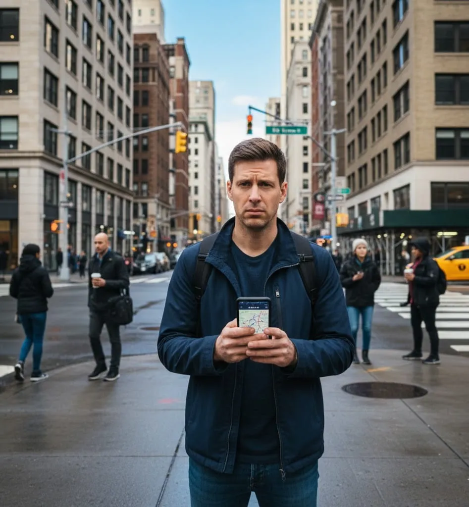 Solo traveler deciding which direction to go in a city