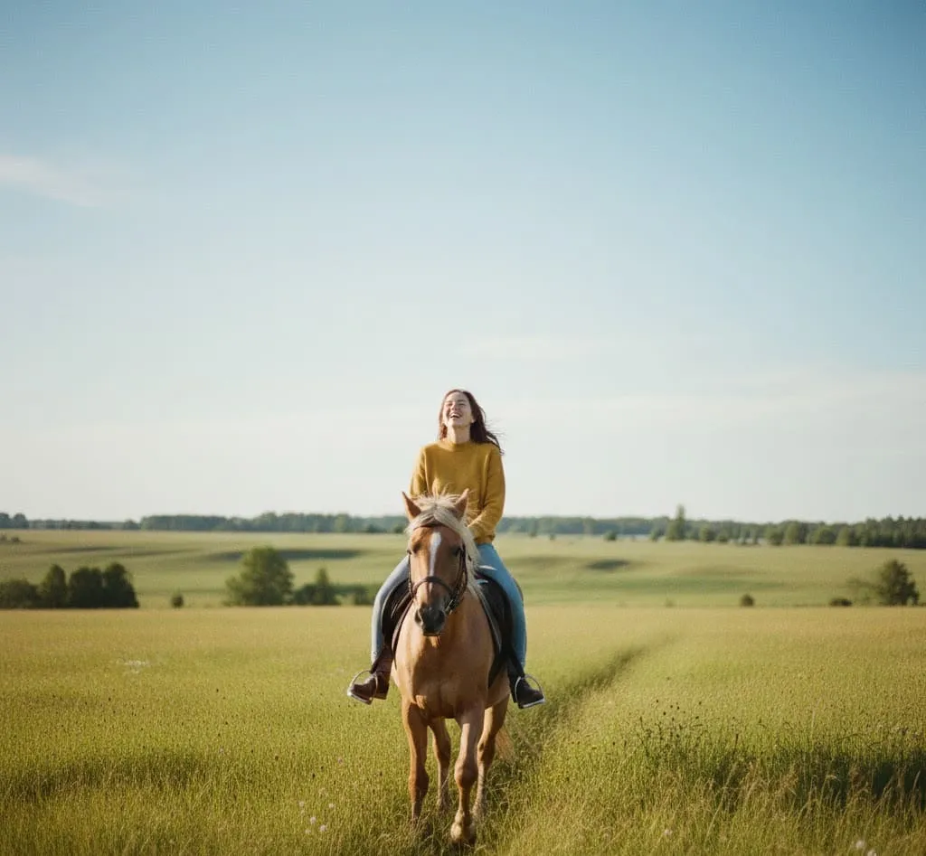 Solo traveler enjoying a joyful moment while riding a horse