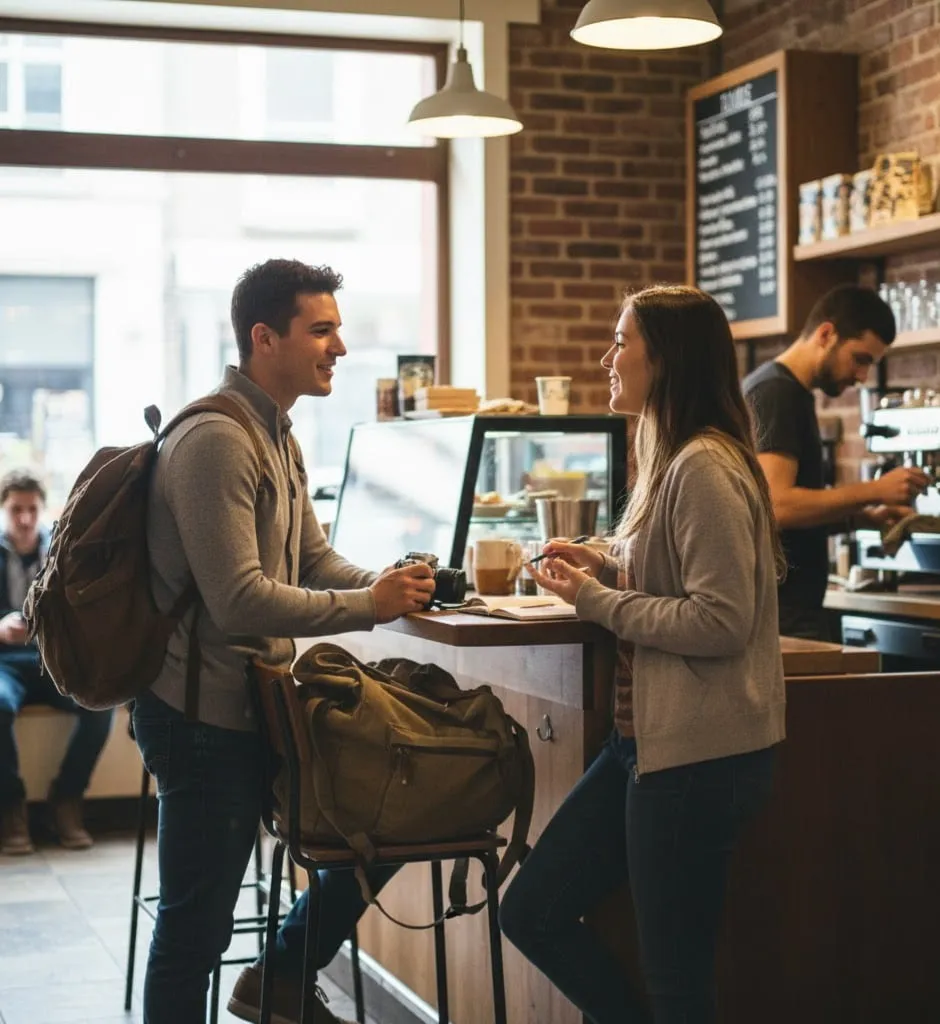 Solo traveler having a casual conversation with a stranger