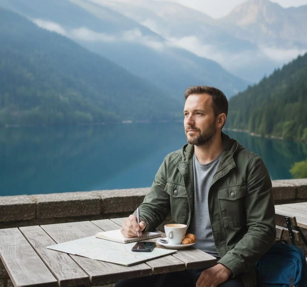 Solo traveler sitting alone during a trip