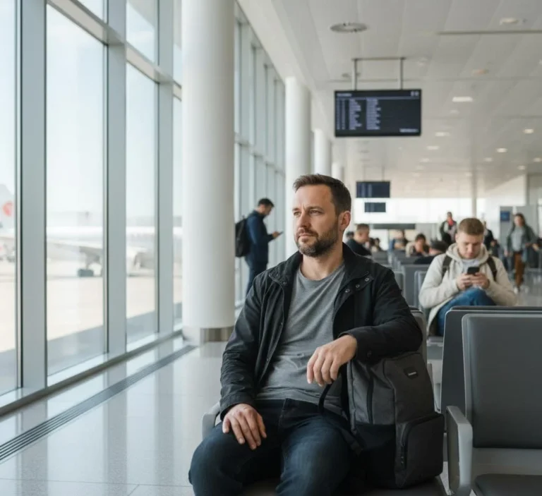 Is Solo Travel Right for You? Solo traveler sitting alone at an airport thinking about a trip