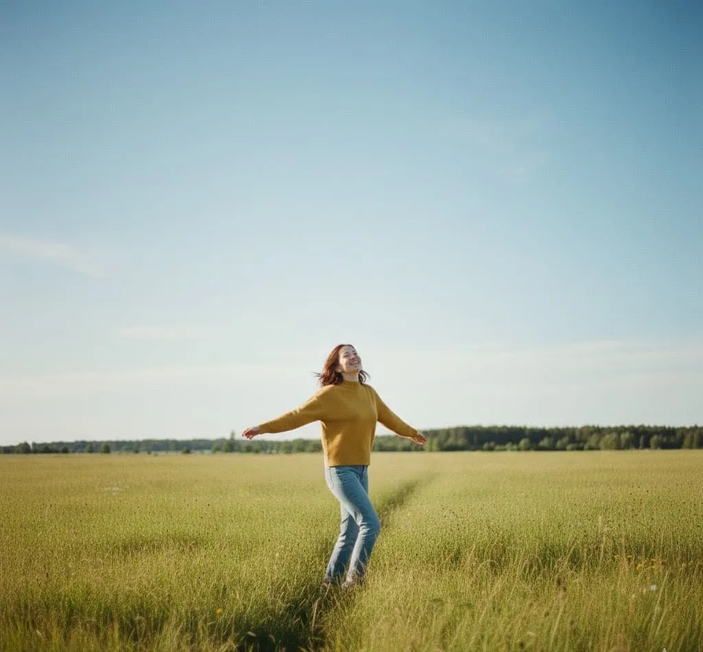 Solo traveler smiling and enjoying a carefree moment alone