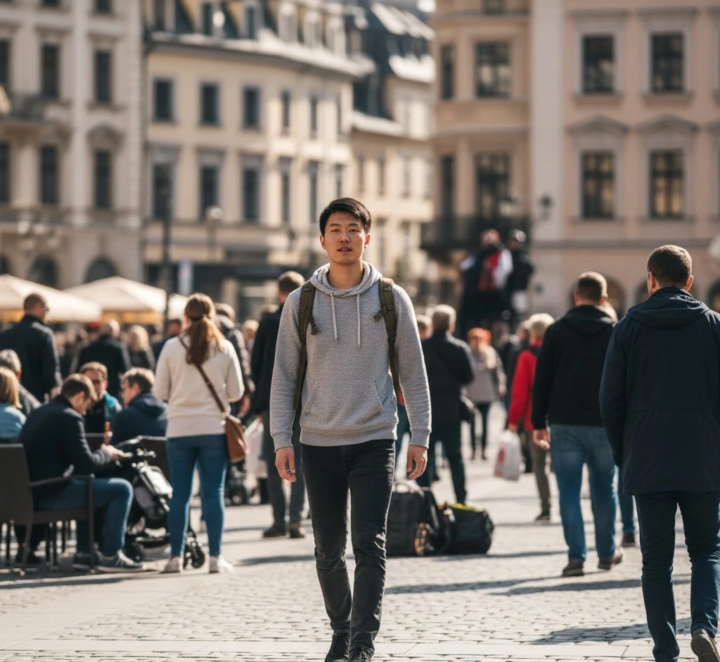 Solo traveler staying alert in a public place