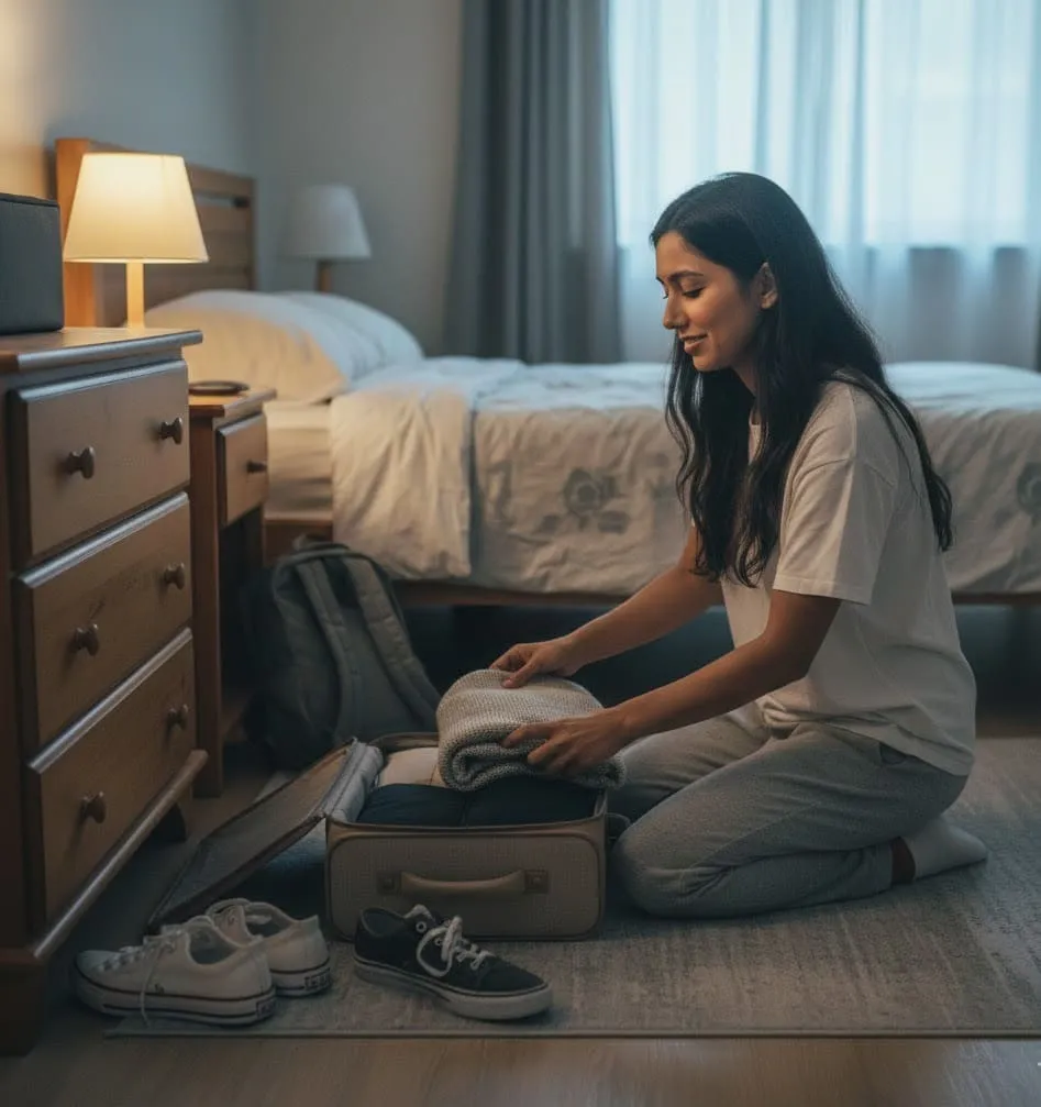 Solo traveler unpacking after returning home