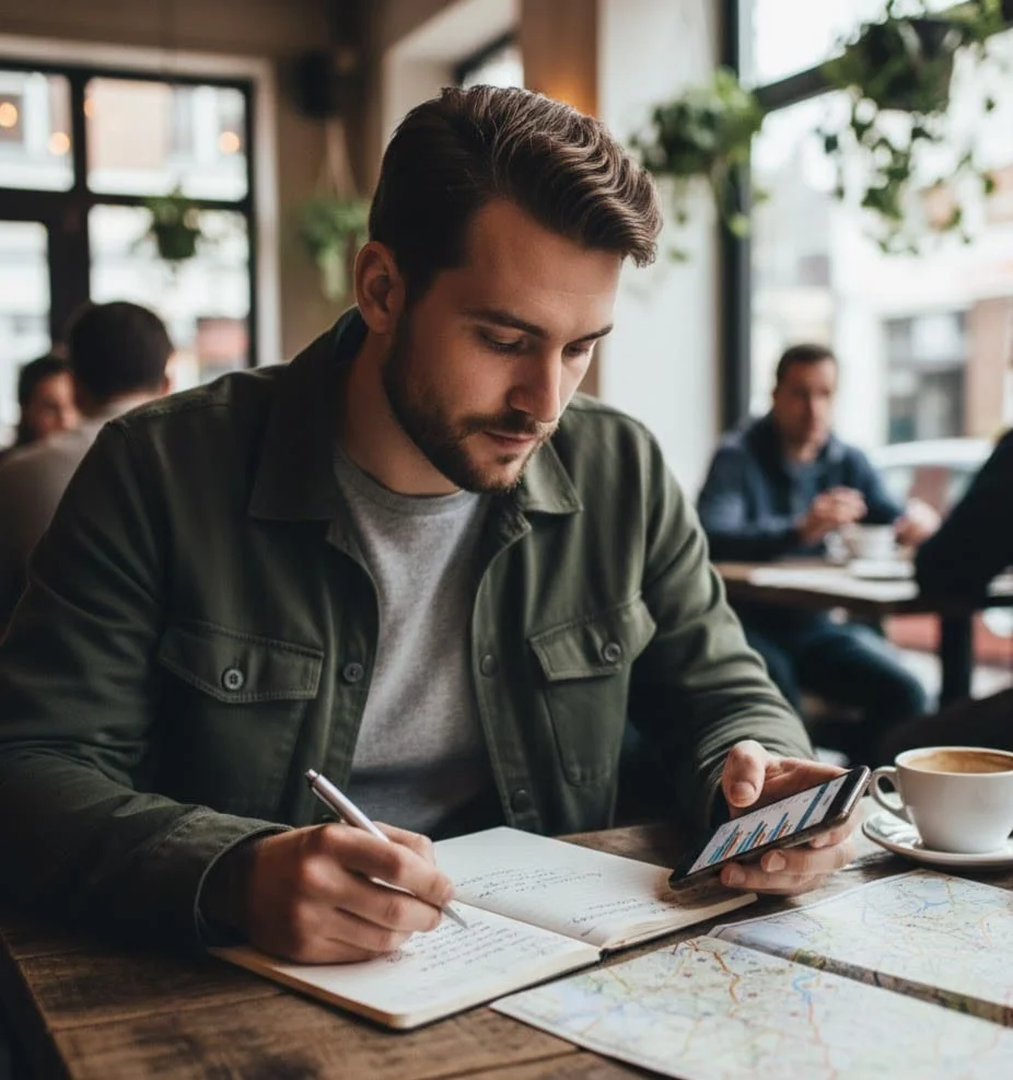 Traveler checking travel budget while planning a trip