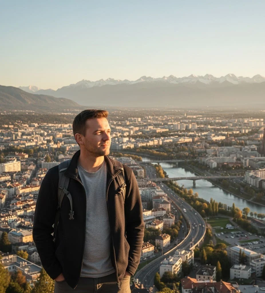 Traveler looking at a city view while reflecting on travel choices