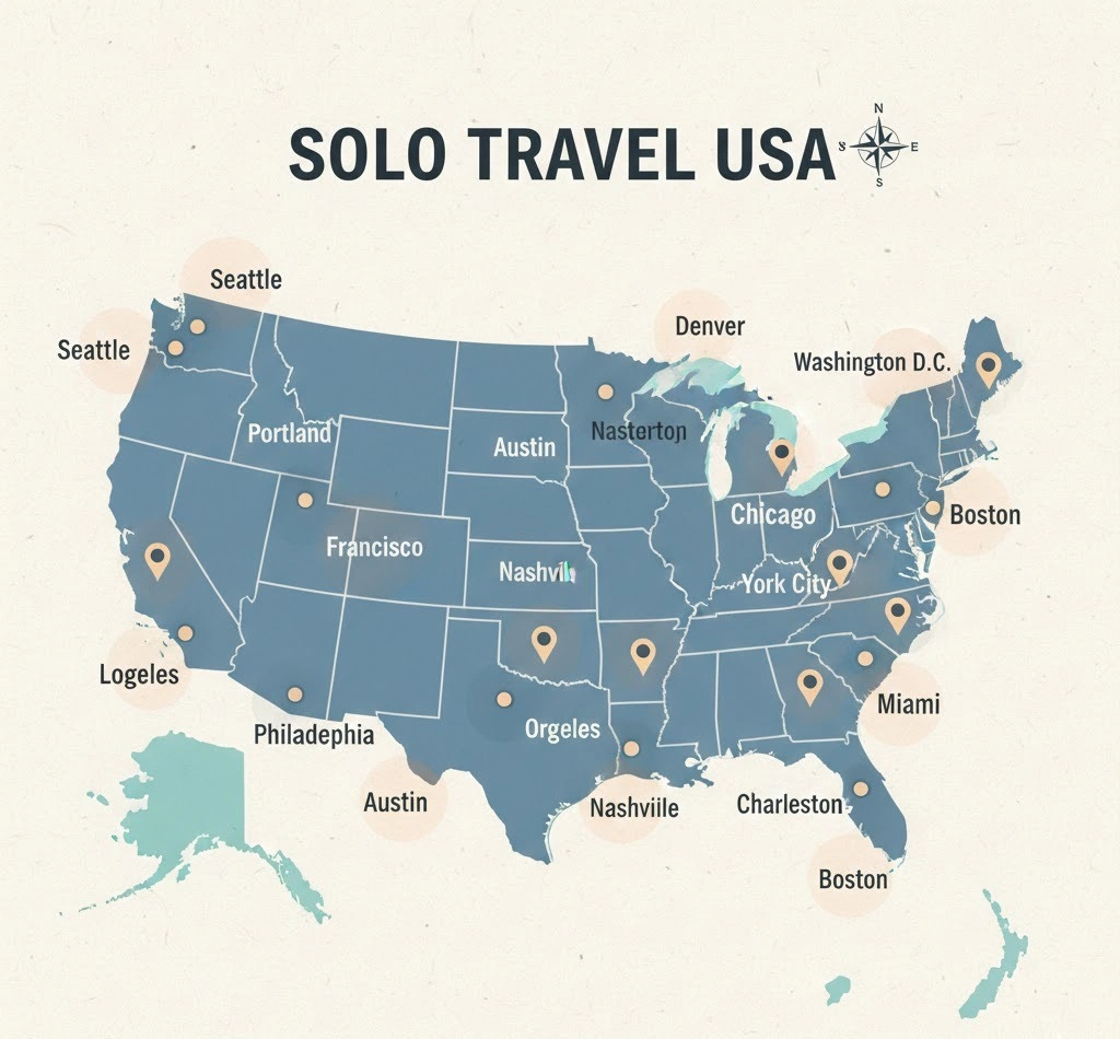 Map showing best places to travel solo in the United States