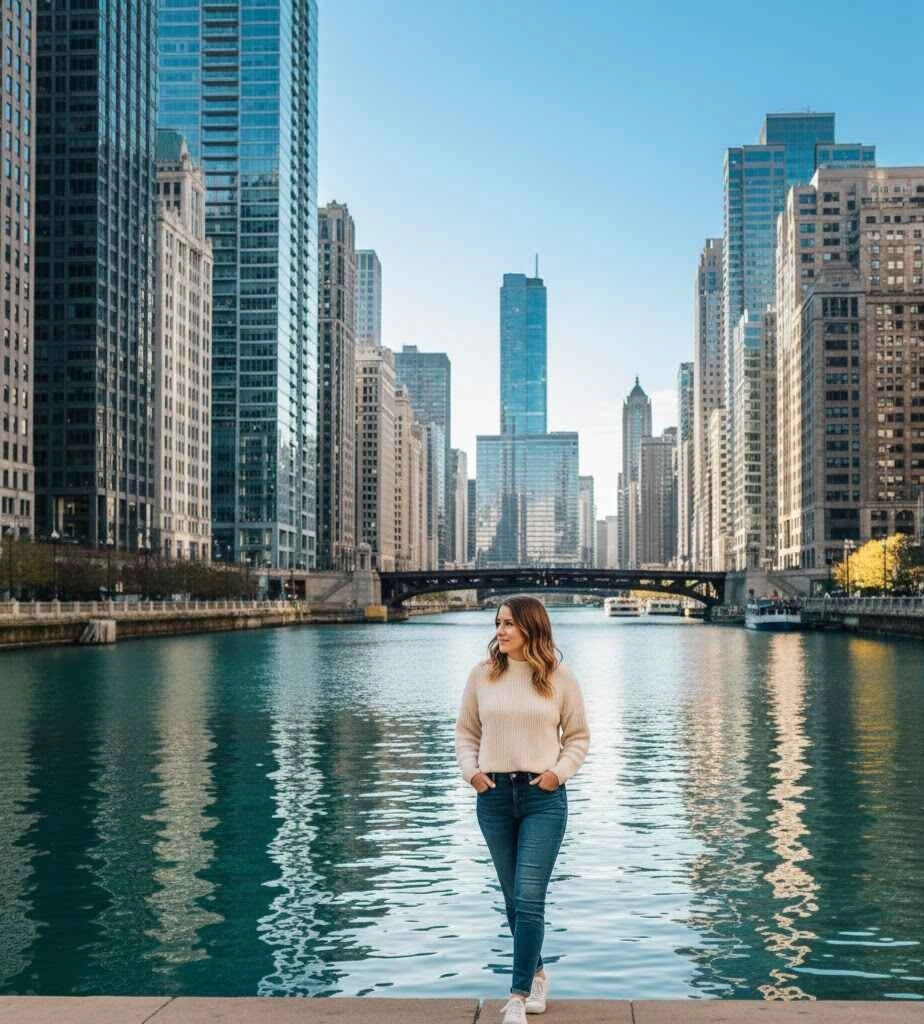 Solo traveler walking in Chicago city