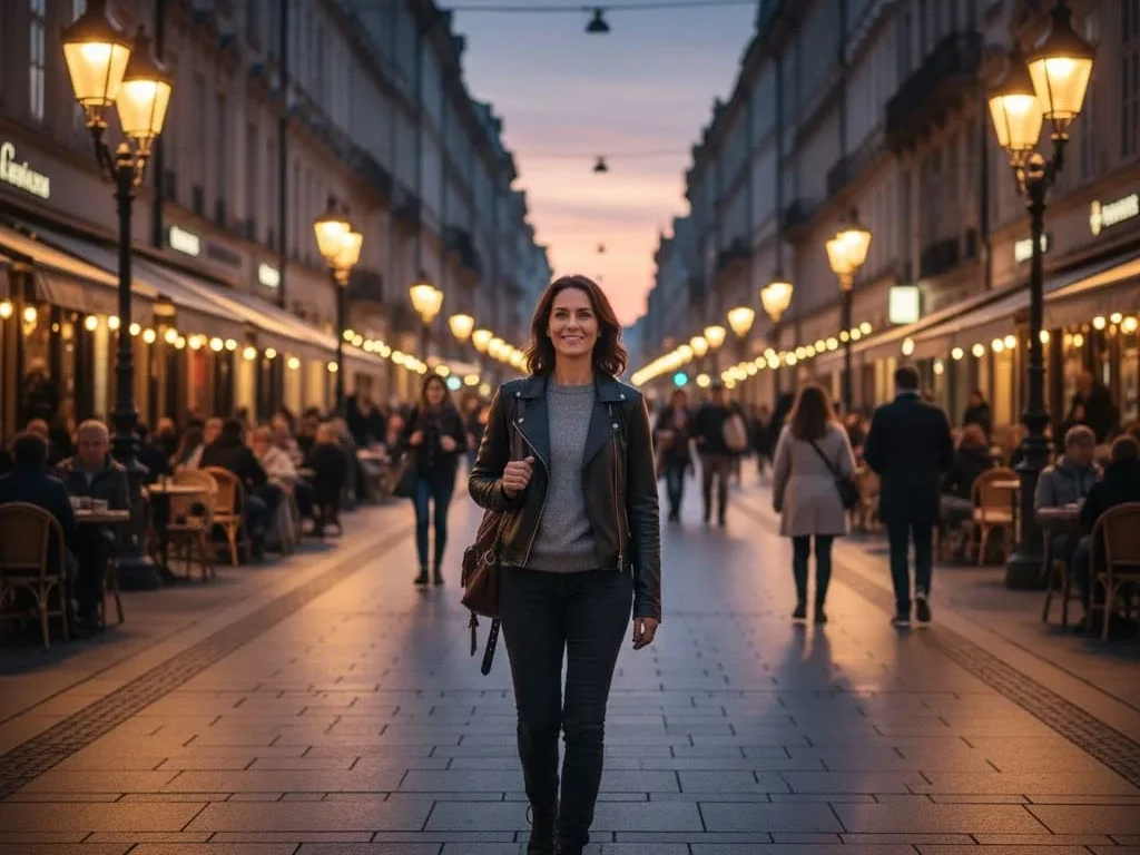 Solo traveler walking safely in a city during evening hours