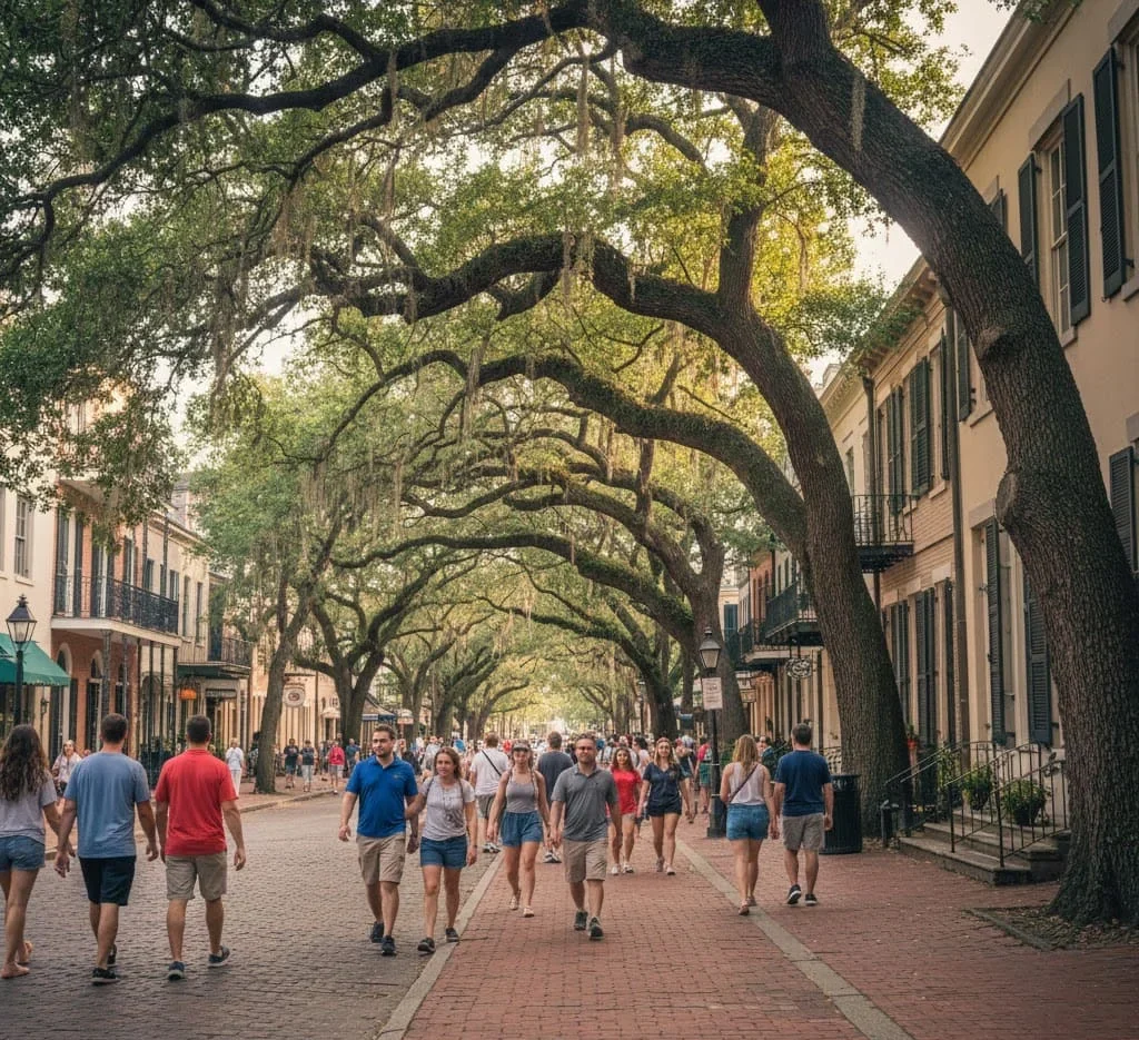 Forsyth Park pathway with greenery and people walking in Savannah