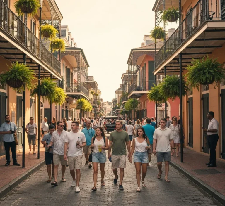 French Quarter street with historic buildings and balconies in New Orleans