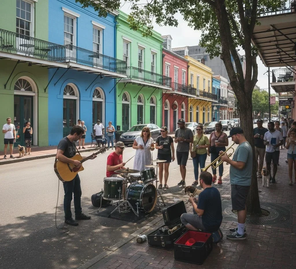Frenchmen Street in New Orleans with street musicians and people walking