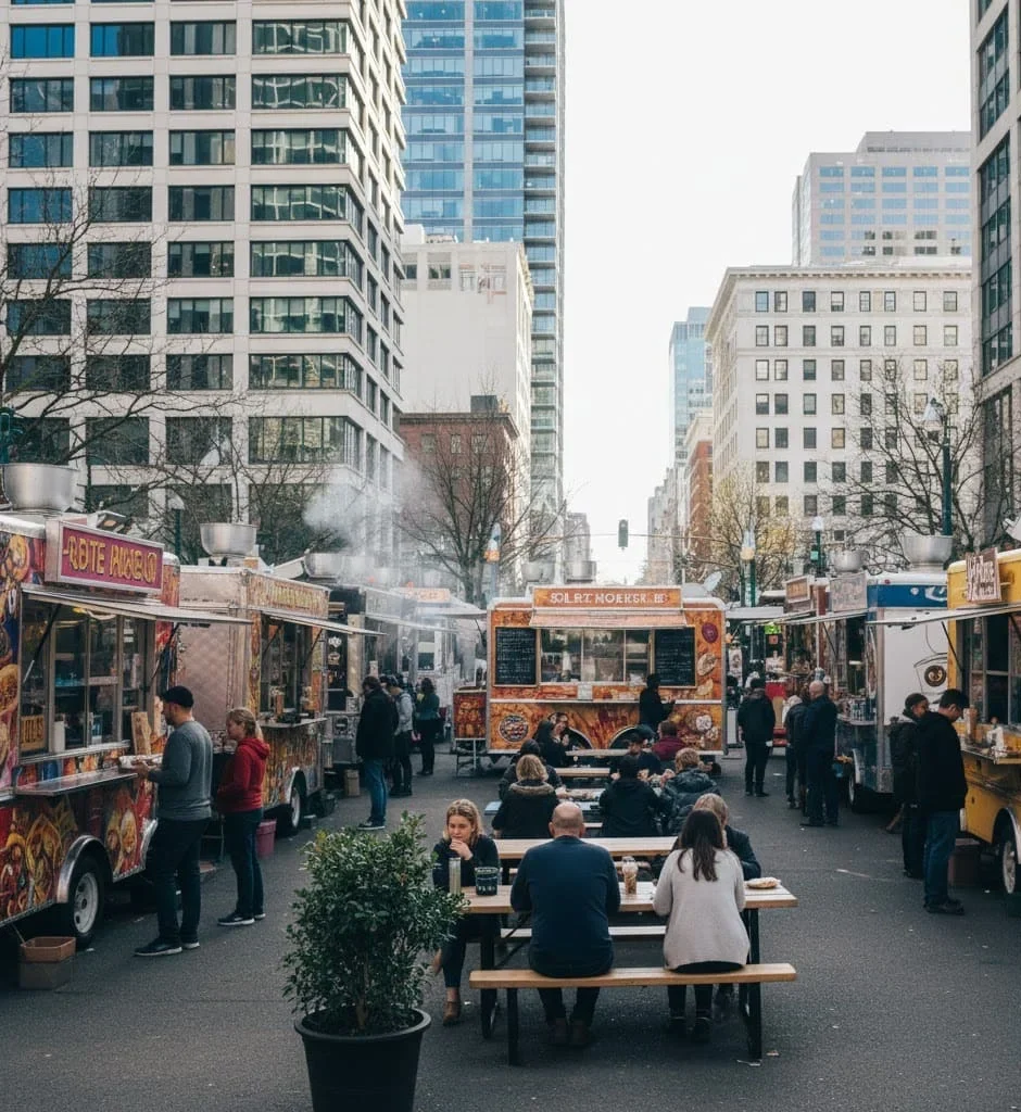 Portland food cart pod with people ordering food outdoors