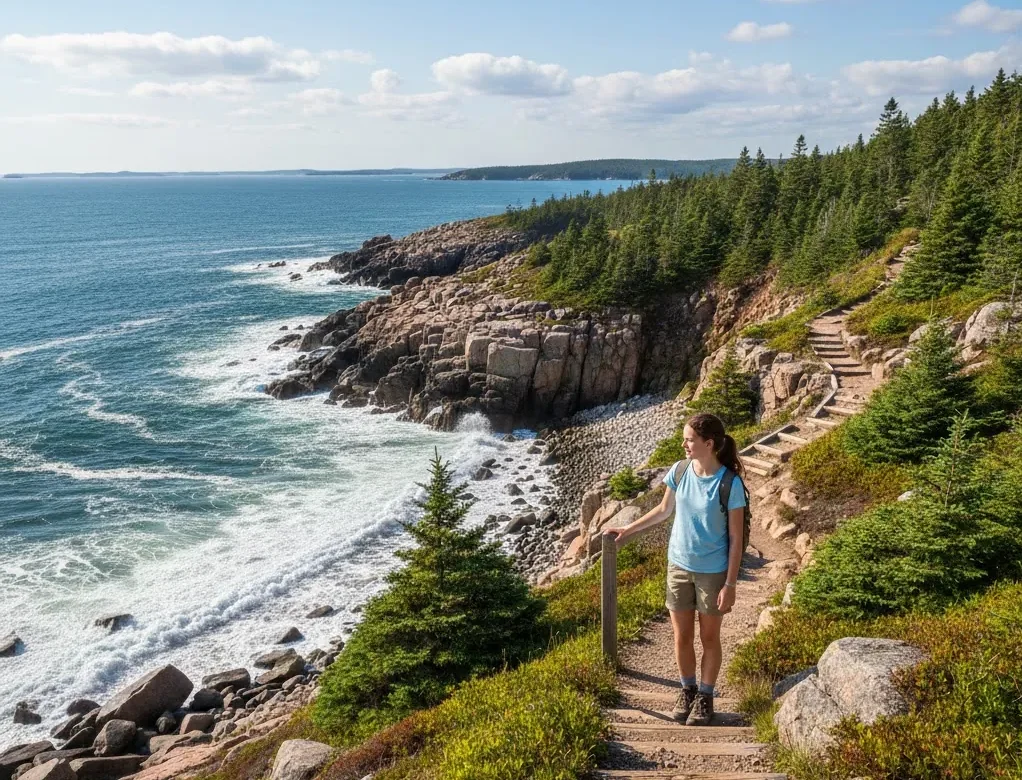 Rocky coastline and hiking trail at Acadia National Park