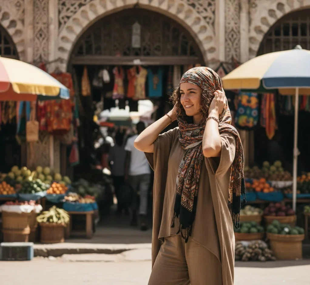 Solo female traveler preparing to explore a local market in Africa