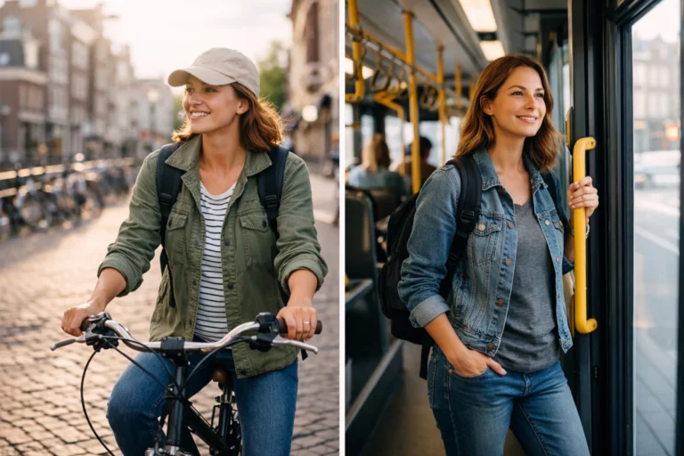 Best Destinations for First-Time Solo Female Travelers (Safe & Easy Picks) Solo female traveler riding a bicycle and standing inside a public bus during her first solo trip in Europe