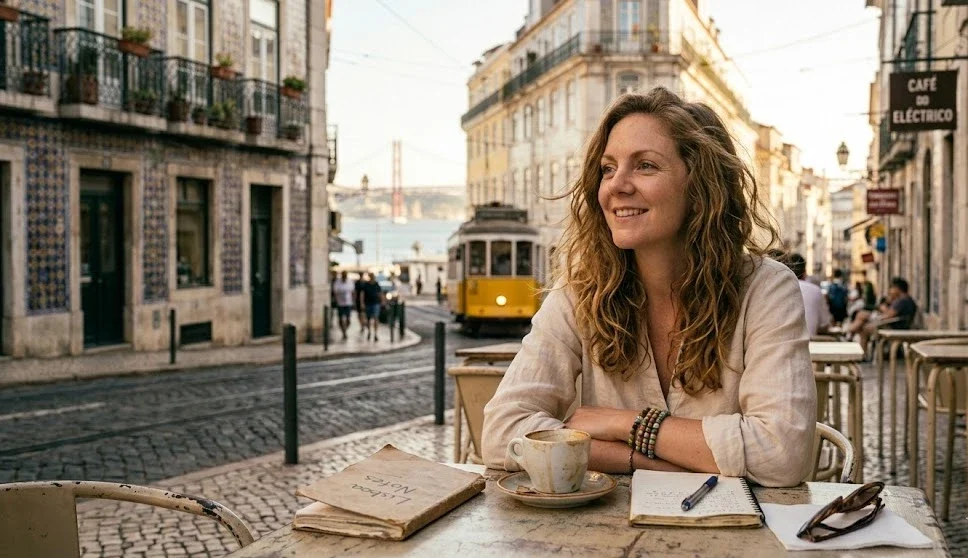 Solo female traveler sitting at a Lisbon café during solo trip
