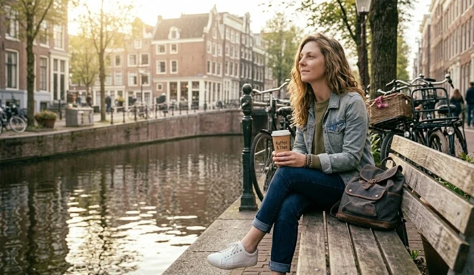 Solo female traveler sitting by an Amsterdam canal during her first solo trip