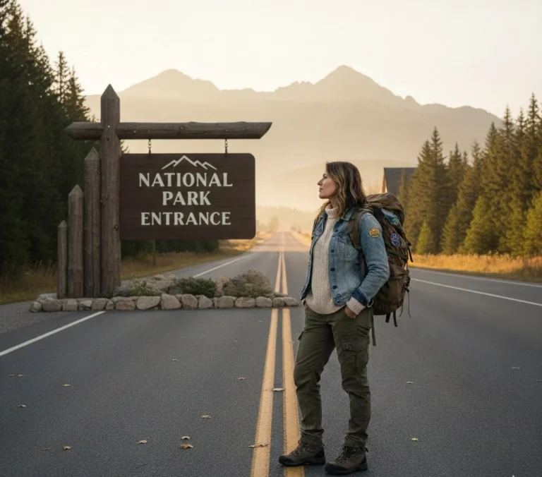 Solo traveler arriving at a national park in the United States