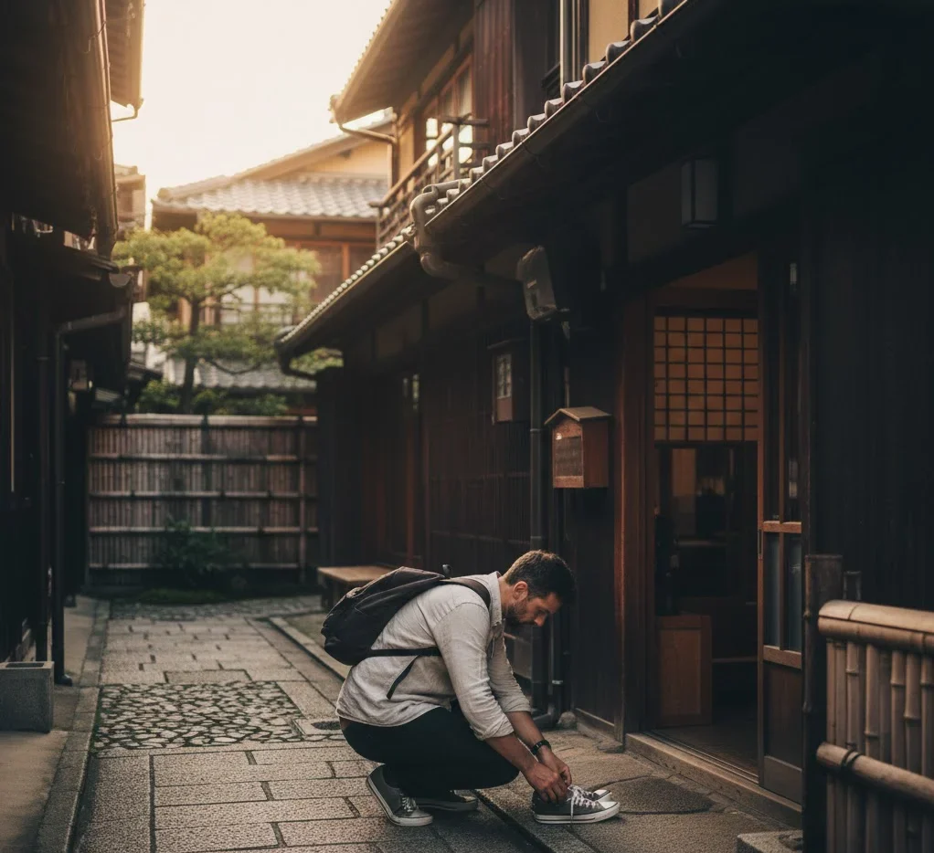 Solo traveler experiencing local customs in Kyoto, Japan