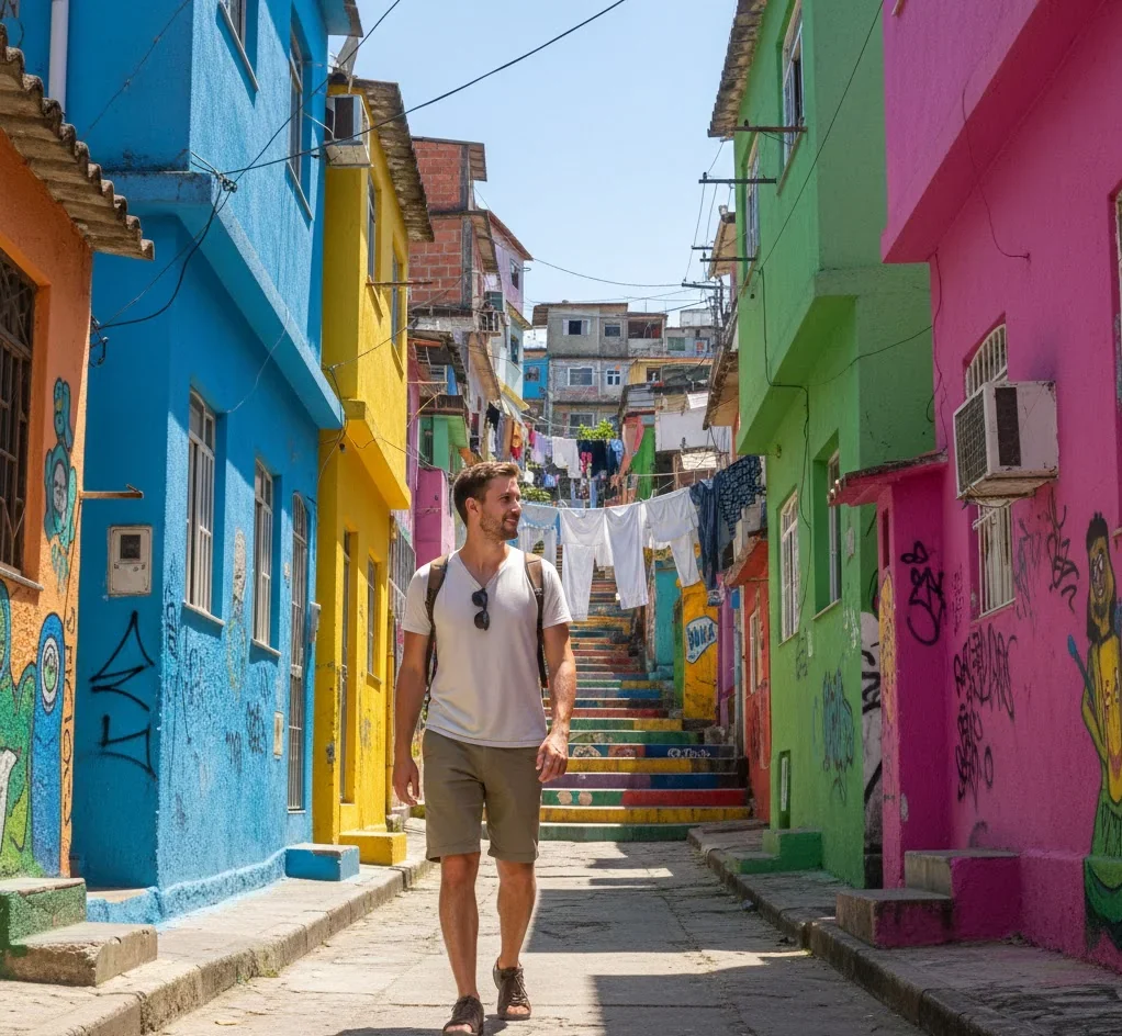 Solo traveler exploring a neighborhood in Rio de Janeiro, Brazil
