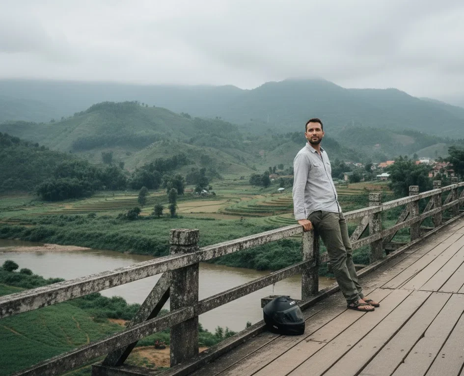 Solo traveler exploring northern Vietnam landscapes