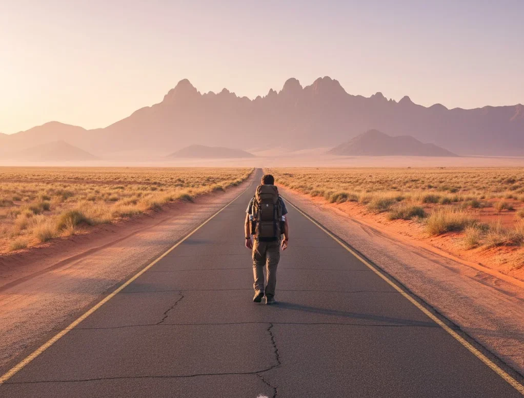 Solo traveler exploring open landscapes in Namibia