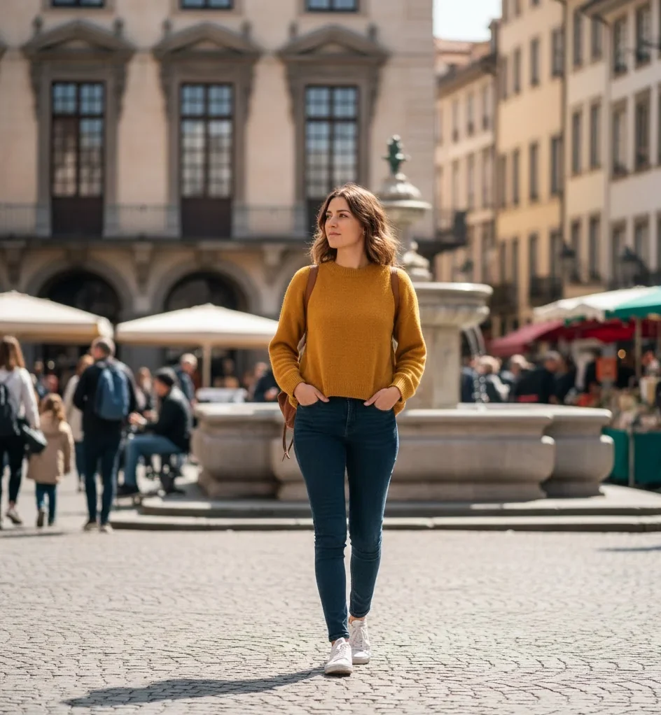 Solo traveler feeling comfortable in a busy European city center