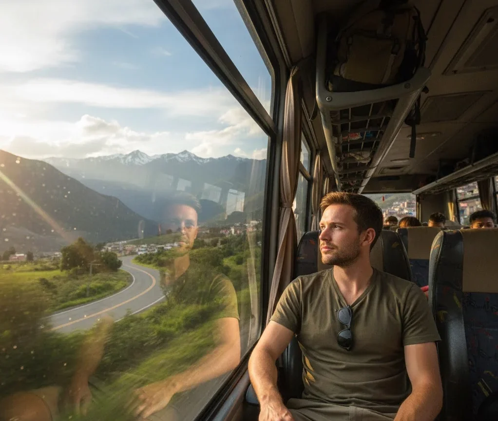 Solo traveler on a long-distance bus journey in South America