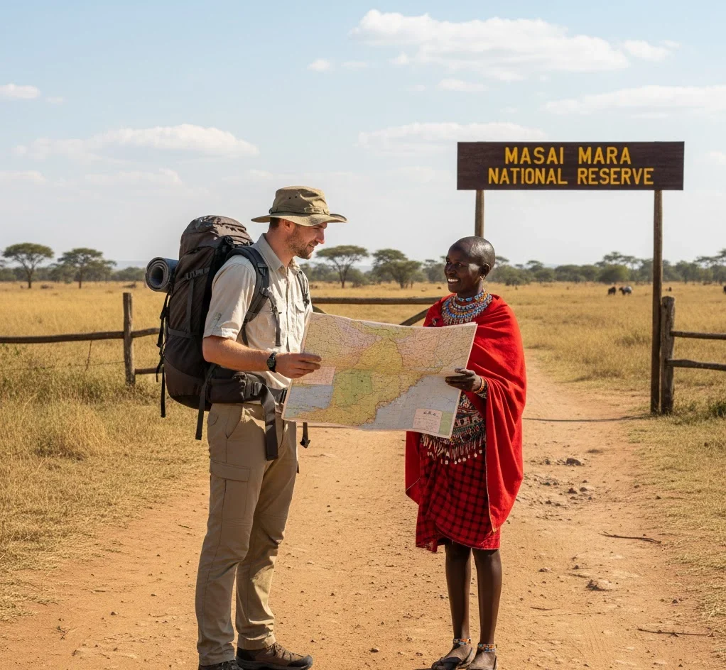 Solo traveler on safari in Tanzania observing wildlife calmly
