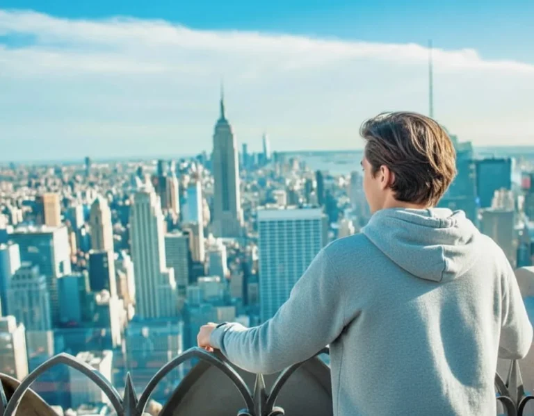 Solo traveler overlooking a US city skyline