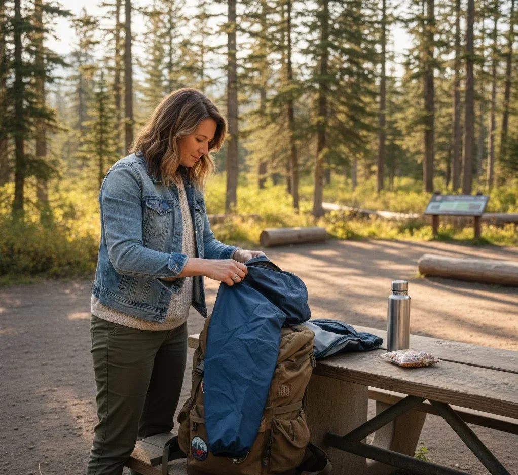 Solo traveler packing a backpack at a national park picnic area