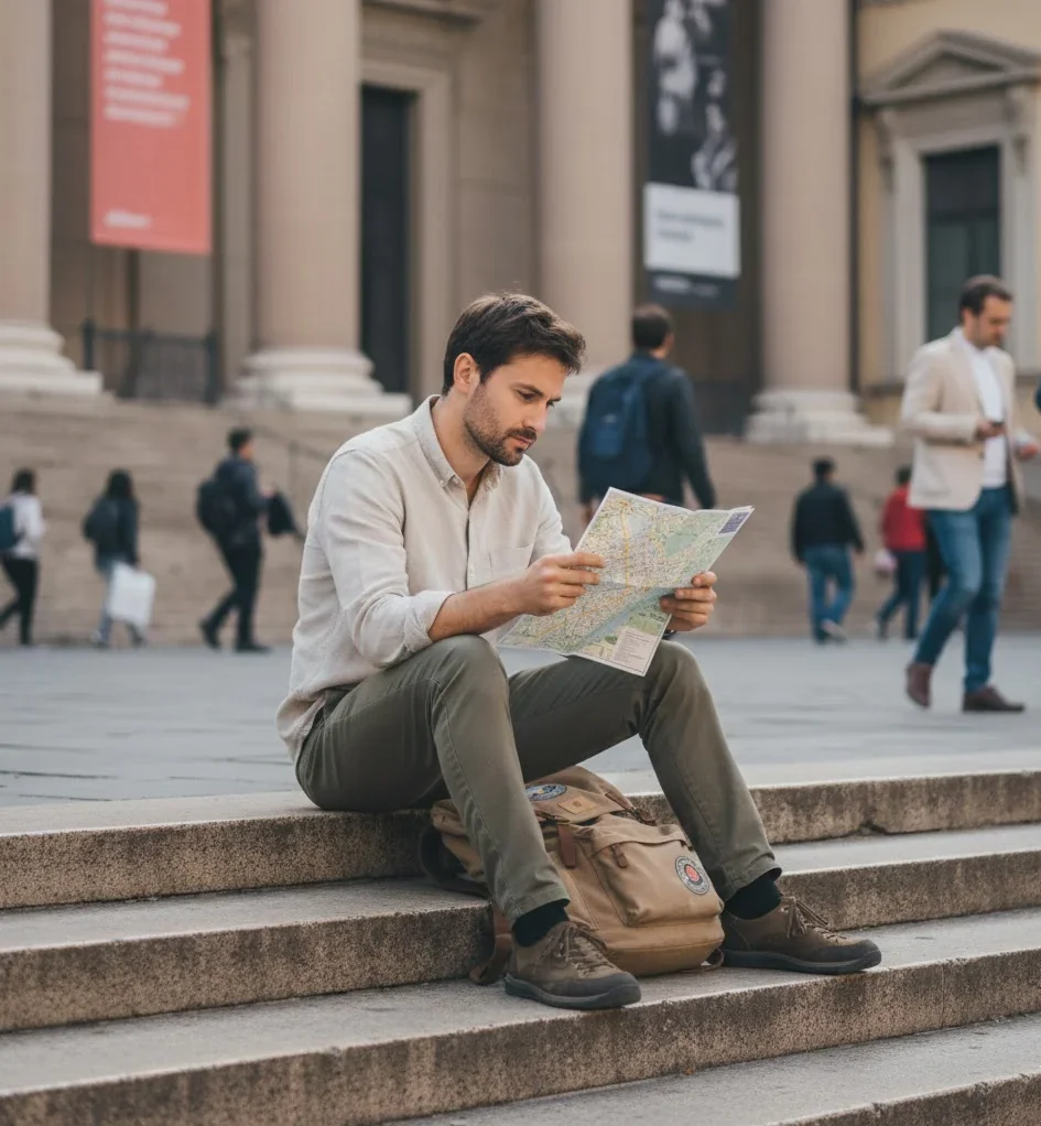 Solo traveler planning a route in a walkable European city