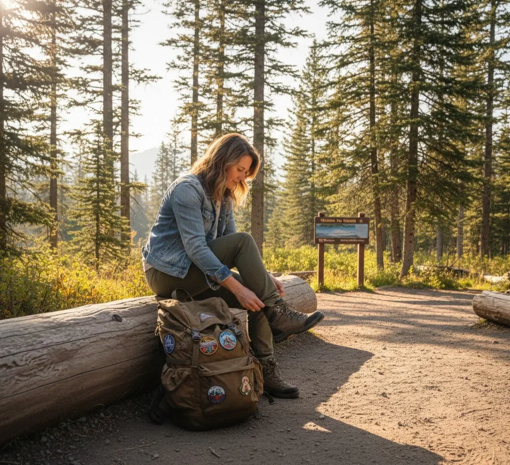Solo traveler preparing gear at a national park trailhead