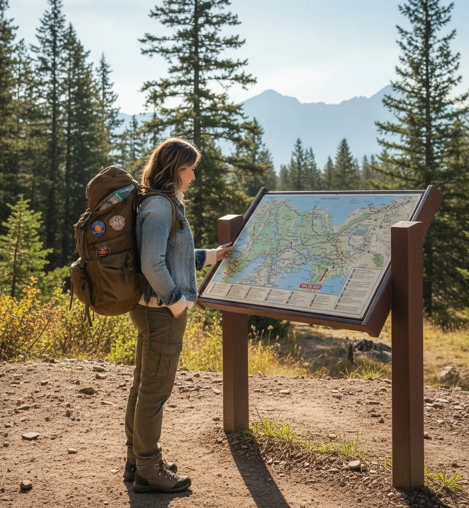 Solo traveler reading a trail map at a national park
