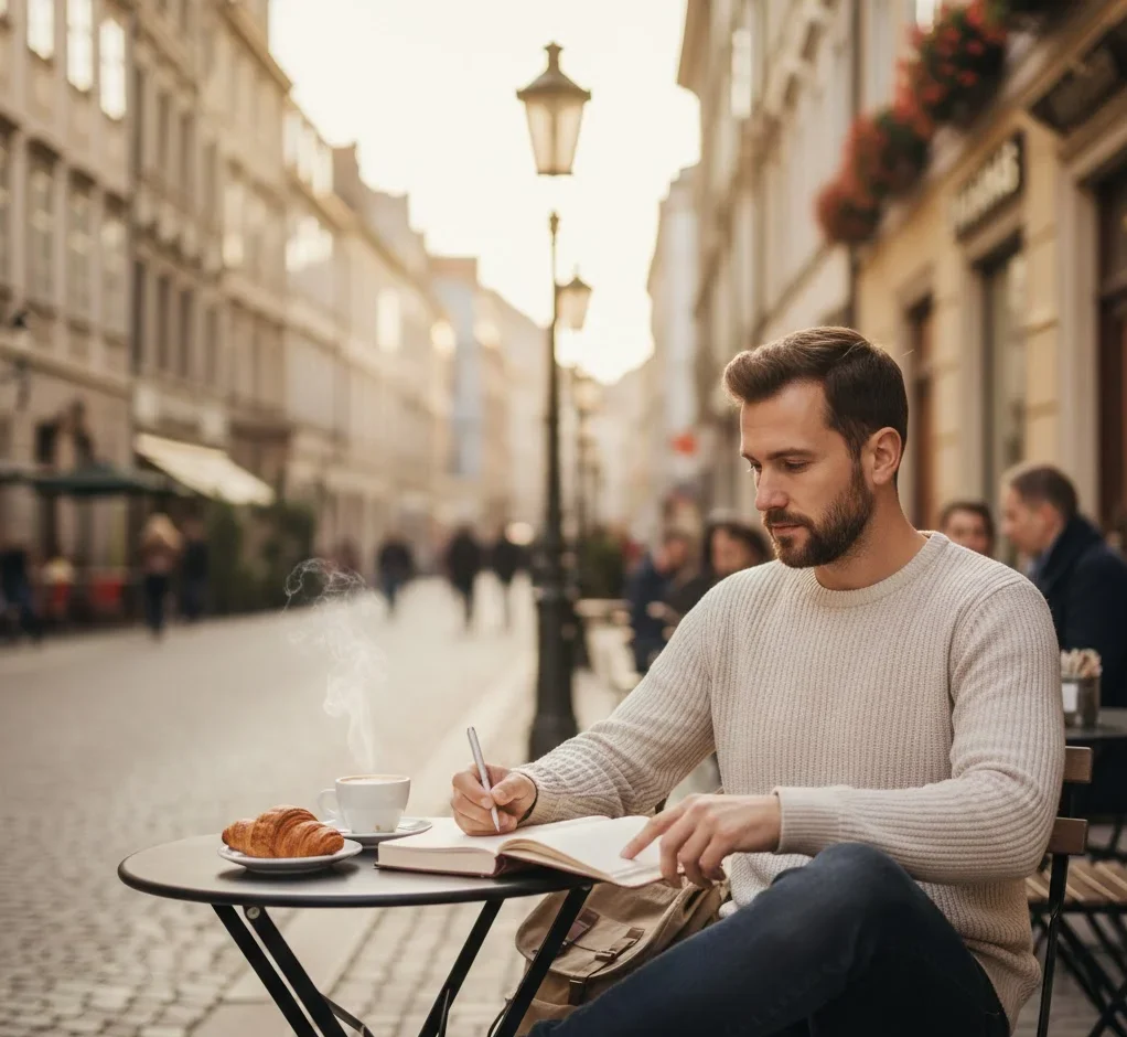 Solo traveler reflecting on a successful trip