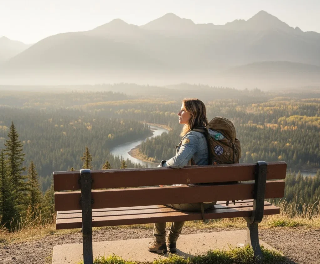 Solo traveler resting on a bench overlooking a national parkSolo traveler resting on a bench overlooking a national park