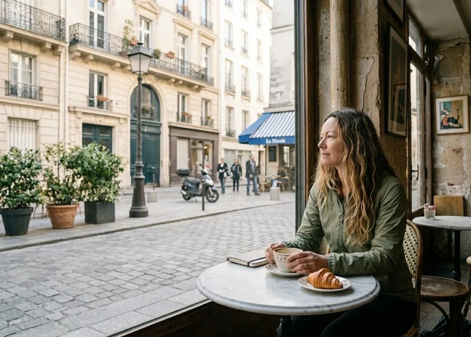 Solo traveler sitting at a Paris café during a short city break
