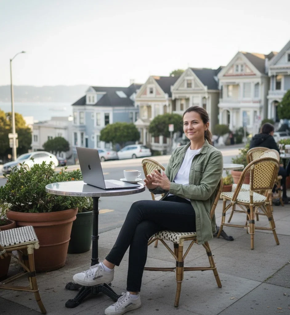 Solo traveler sitting at a café during a city break in San Francisco