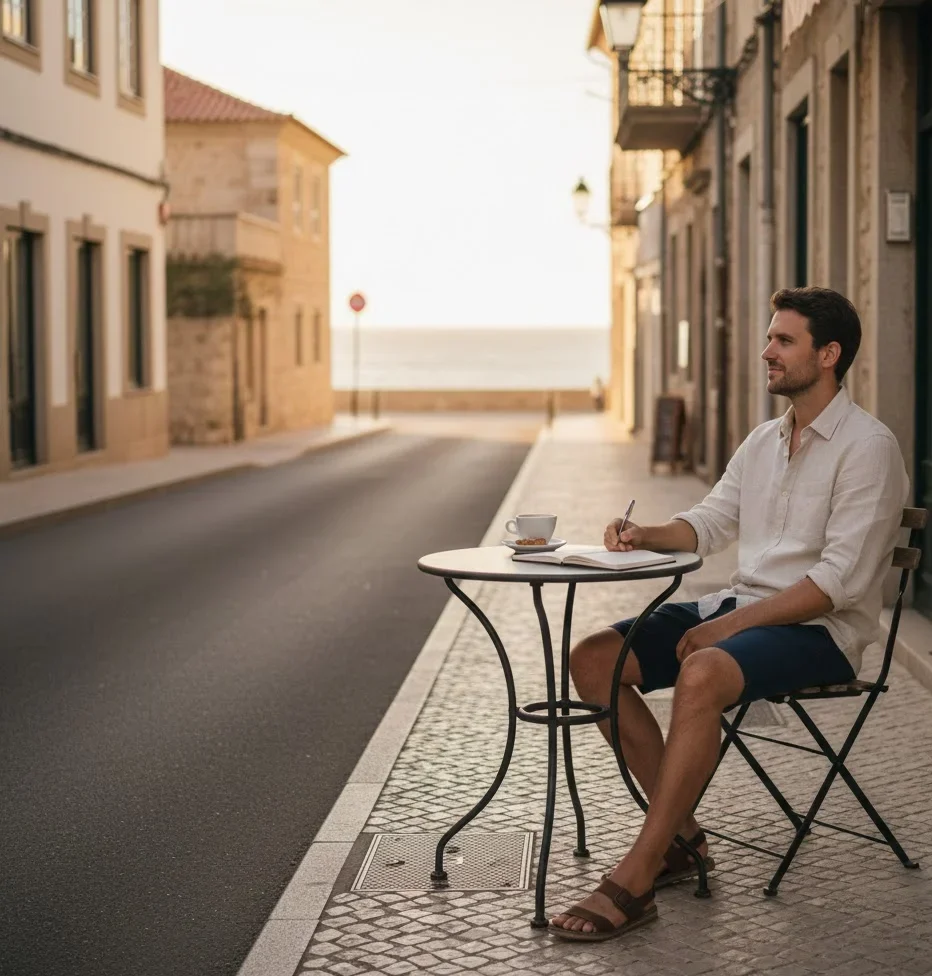Solo traveler sitting at a coffee shop during a relaxed beach trip