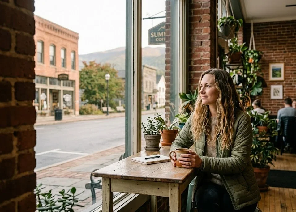 Solo traveler sitting at a cozy coffee shop in Asheville, North Carolina.