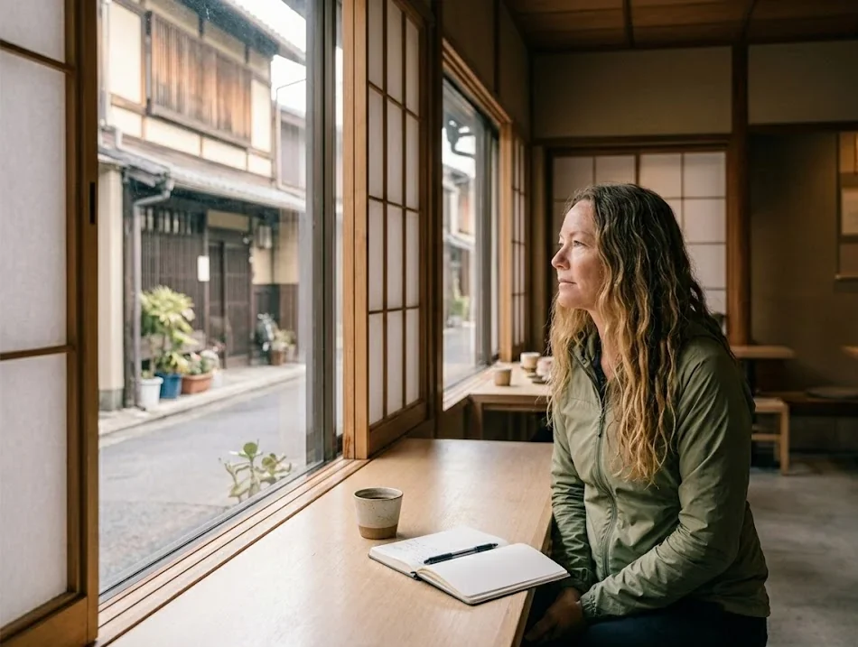 Solo traveler sitting in a quiet Kyoto café reflecting during a solo journey