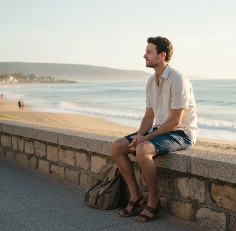 Solo traveler sitting near a beach promenade enjoying a calm moment alone