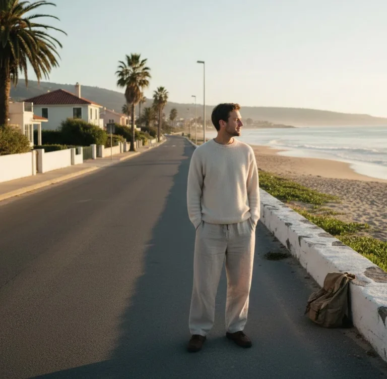 Solo traveler standing alone near a quiet beach street during early morning