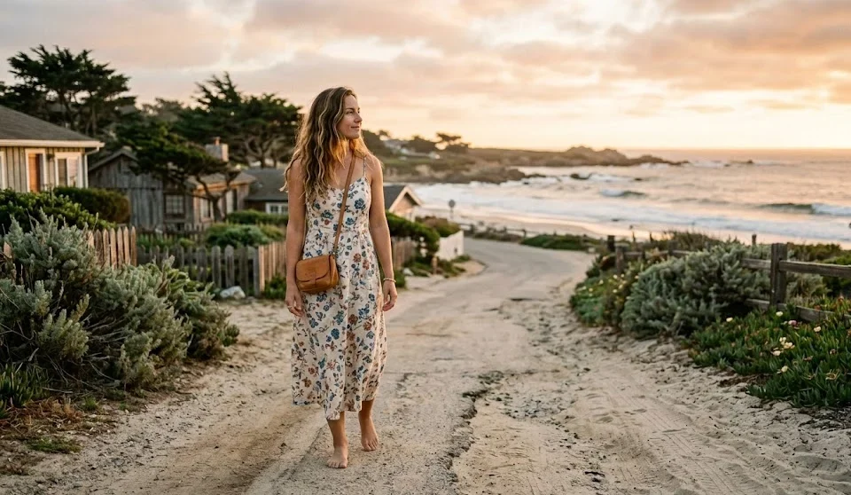 Solo traveler standing near a quiet beach street in Carmel-by-the-Sea during sunset.